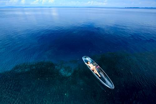 transparent kayak model above pristine water full of fish of Yeben Island, Raja Ampat